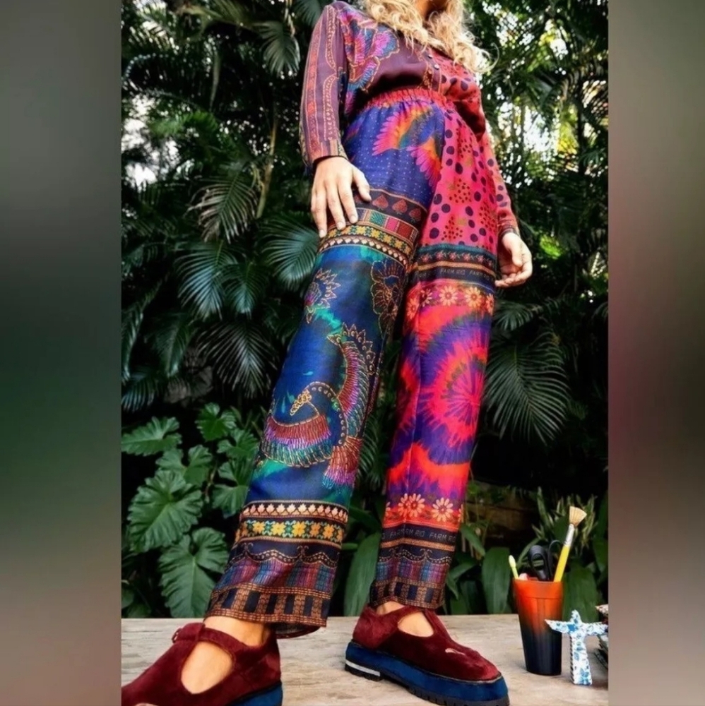 FARM Rio Mixed Scarves Silky Pajama Pants Women’s Size X-Small with Side Pockets